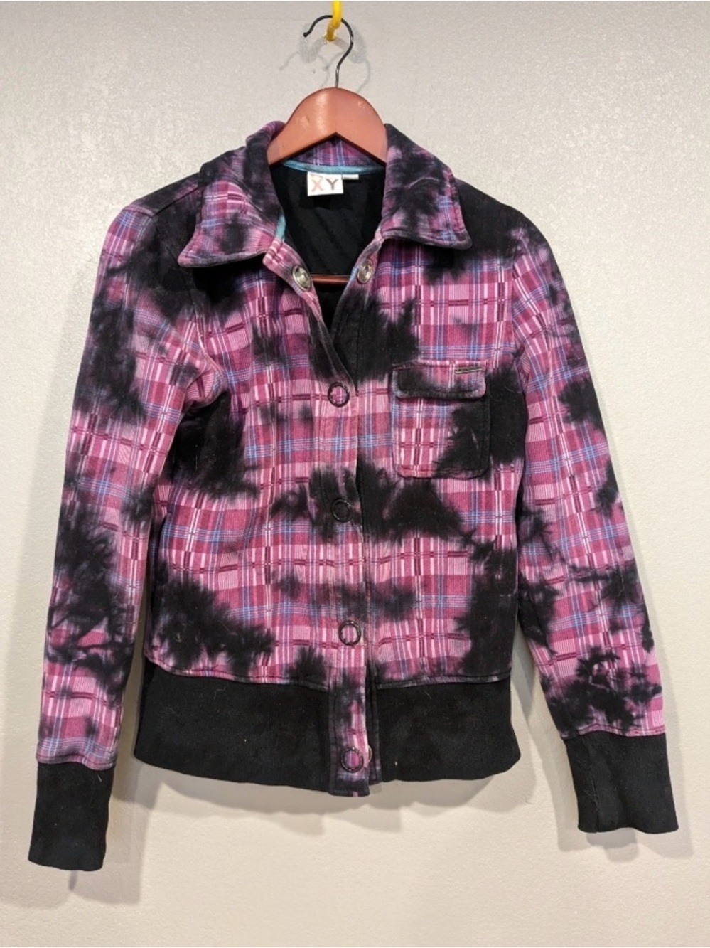 Roxy Pink and Black Plaid Tie-Dye Jean Jacket